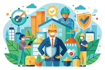 A group of construction workers focuses on well-being and safety practices within an urban setting, highlighting teamwork and protective measures
