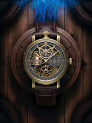 Obraz premium Intricately Detailed Clockwork Watch Centerpiece with Vintage Gears and Leather Strap