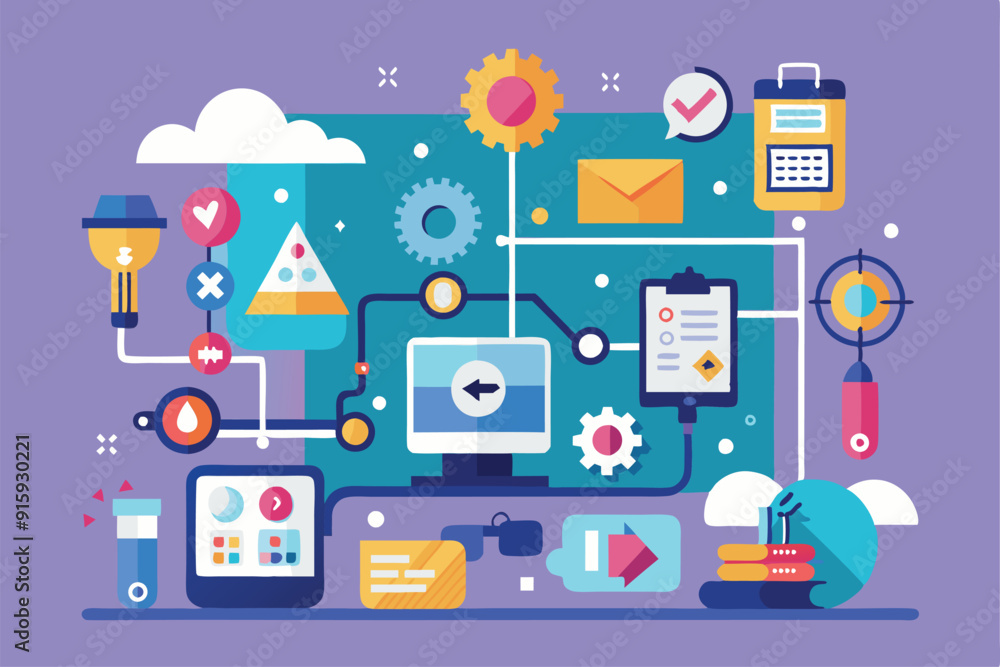 Poster a vibrant design showcasing various elements representing digital tools, connections, and workflow p