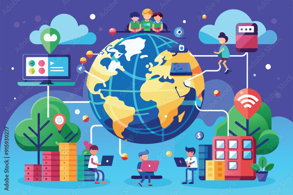 Poster a vibrant illustration depicting a global network where individuals interact with technology and col