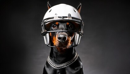 Retrato de um cachorro com capacete de futebol americano com espaço para escrita