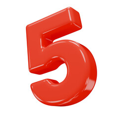 Volumetric number five, isolated on a transparent background. 3D digit 5 in red color plastic with a glossy texture. Photorealistic render.