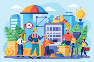 Construction workers collaborate on cost estimation while surrounded by tools, materials, and urban scenery under a bright sky