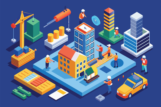 Workers collaborate on an urban construction project, adjusting costs and planning with various buildings and equipment displayed in vibrant isometric design