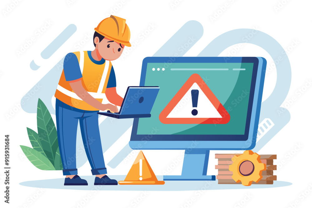 Poster a construction worker addresses a website error while using a laptop next to a warning sign and comp