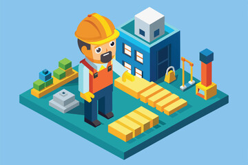 A construction worker stands on a site surrounded by building materials, tools, and equipment during daylight, ready for a workday