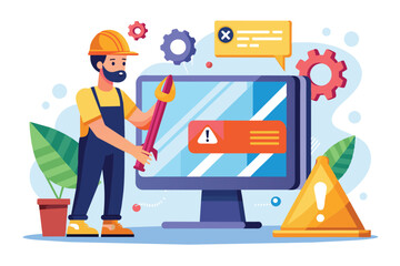A construction worker addresses an error message on a computer screen, ensuring everything runs smoothly and efficiently in the workspace