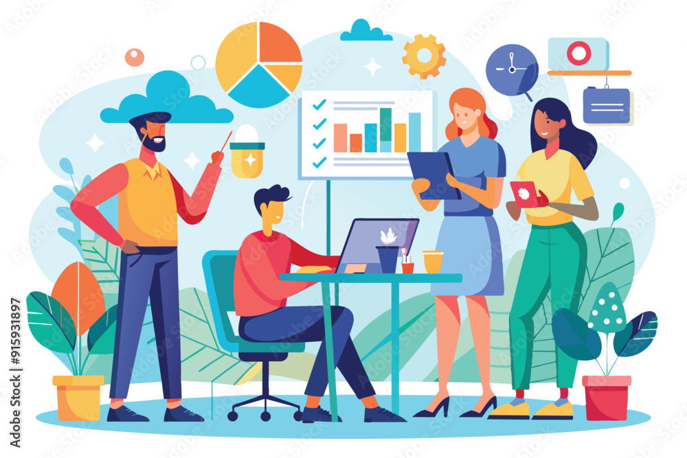Poster a diverse team discusses work projects while analyzing data charts and sharing ideas in a vibrant of