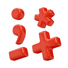 Punctuation marks: dot, comma, plus, minus or dash, asterisk. Isolated on a transparent background. 3D render of marks in red plastic with a glossy texture.