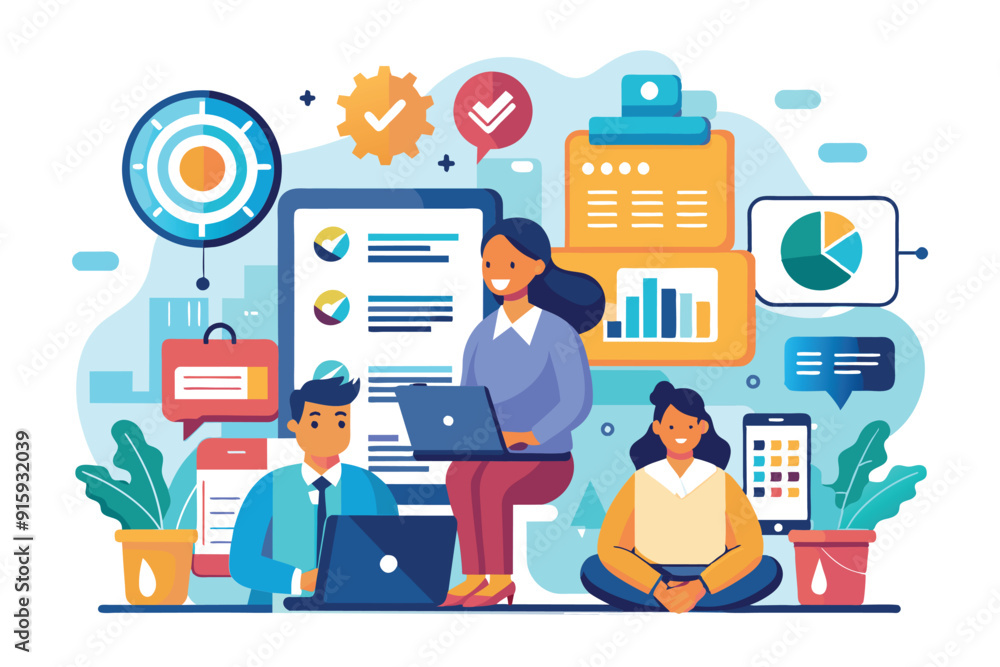 Poster a diverse team collaborates with digital tools, analyzing data and discussing strategies to enhance 