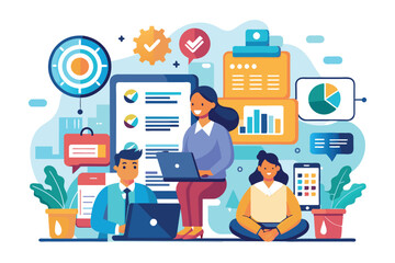 A diverse team collaborates with digital tools, analyzing data and discussing strategies to enhance consulting services and client outcomes