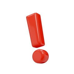 Exclamation mark icon. Punctuation mark isolated on a transparent background. 3D render of a sign in red plastic with a glossy texture.