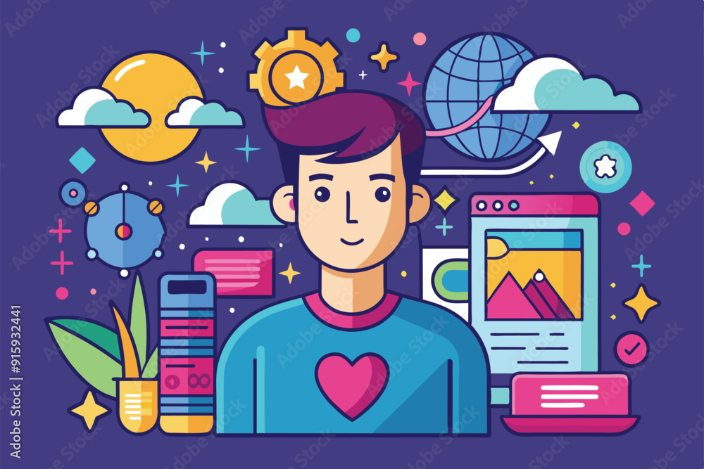 Poster a person with a heart design on their shirt is engrossed in various digital tasks amidst a vibrant b