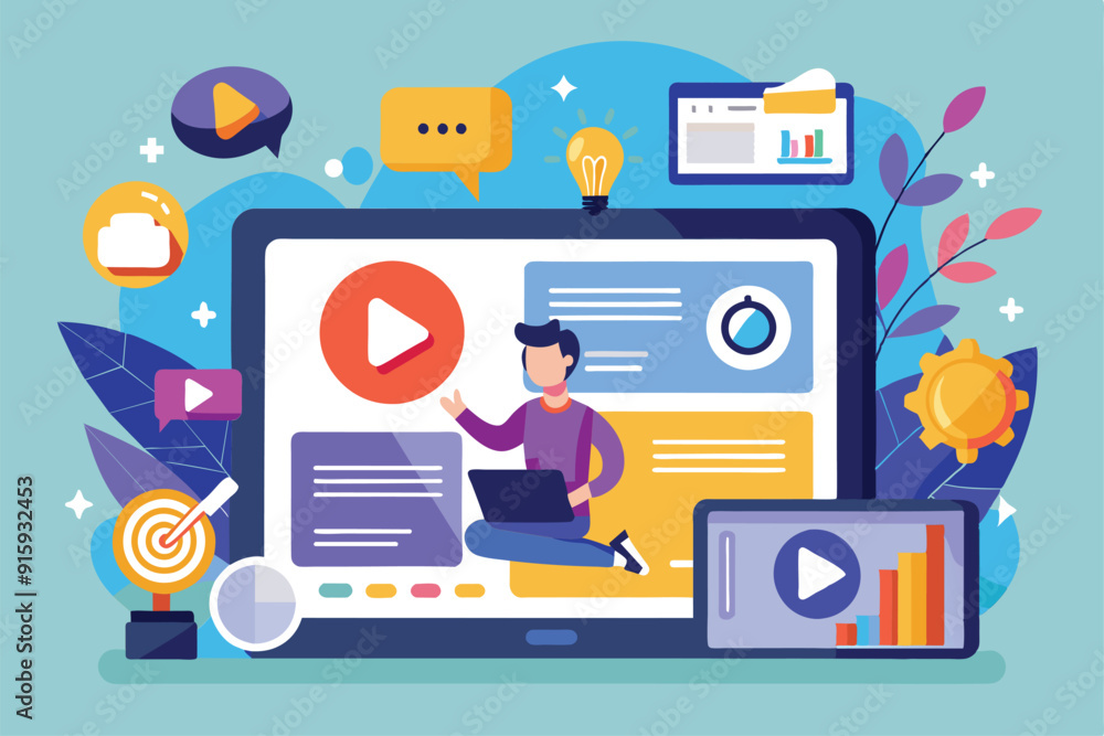 Poster a tablet displays a dynamic content marketing strategy presentation featuring colorful visuals and i