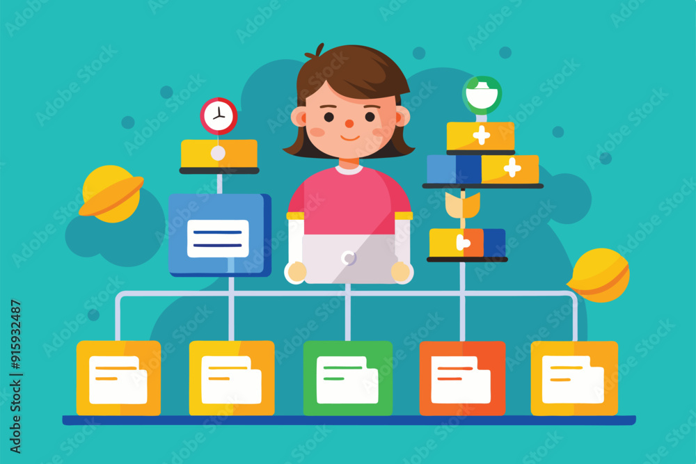 Poster a child is engaged in managing various tasks at a vibrant workstation filled with colorful icons and