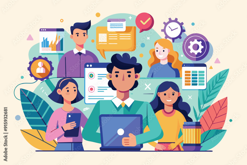 Aufkleber a diverse content team collaborates on a digital project, utilizing laptops and mobile devices while