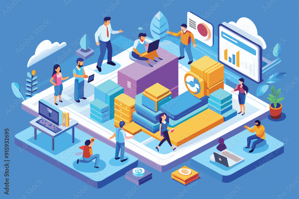 Poster a diverse group works collaboratively in an isometric workspace, engaging in various activities incl