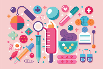 A colorful illustration showcases diverse contraception methods and related tools, highlighting their design and educational use in sexual health