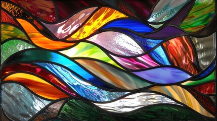 Colorful waves of stained glass create a captivating and dynamic display of light and texture