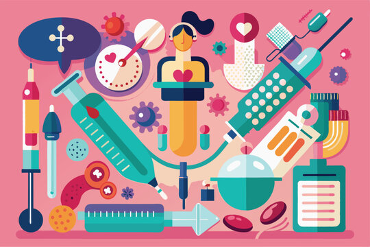 Various contraception methods and tools are creatively arranged against a colorful backdrop, showcasing health and family planning resources