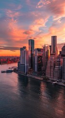 Obraz premium Golden Hour Glow Over Waterfront Skyscrapers