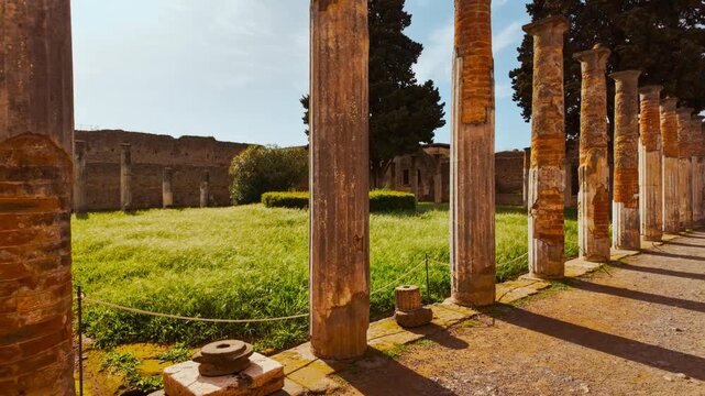 The rear peristyle at the House of the Faun (Casa del Fauno), Pompeii, Naples, Campania, Italy, an ancient Roman city buried by Vesuvius in 79 AD