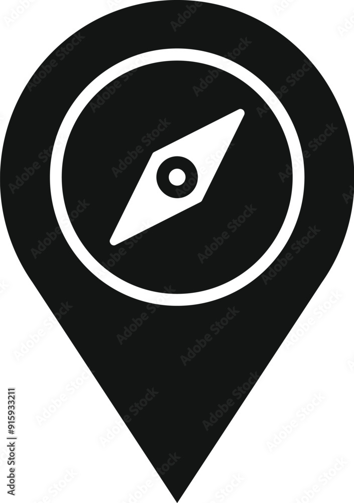 Poster minimalist icon of a compass pointing north, inside a map pin symbolizing orientation