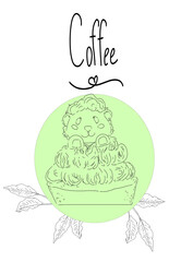 Cupcake with cream and lamb with coffee plant leaves and phrase Coffee color illustration with graphic style for printing and web banners with postcards and flyers, business cards and booklets