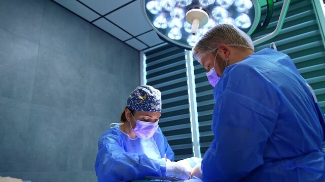 Male and female surgeons cooperating at operation on thyroid. Doctors choose the tools from the prepared set of instruments. Low angle view.
