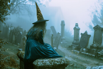 Vintage film still of a witch in a blue and mustard velvet dress and hat, sitting on a tombstone in a foggy graveyard.