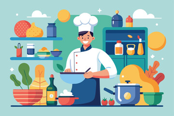 A chef prepares a meal in a colorful kitchen filled with fresh ingredients, pots, and various cooking utensils, showcasing a vibrant cooking atmosphere