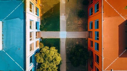 Top view of a split educational facility, one side teaching ethical science blue and the other side teaching unethical practices orange, contrasting and striking