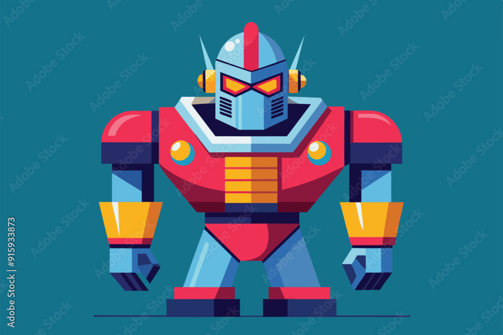 Poster a customizable robot character stands boldly with striking colors and unique proportions, showcasing