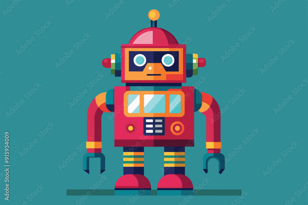Poster a vibrant, customizable robot with colorful features poses confidently against a simple backdrop, sh