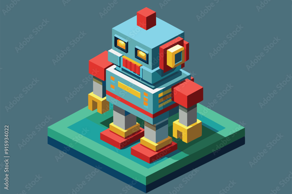 Sticker A colorful robot stands on a platform, showcasing customizable features in a playful, isometric design that embodies creativity and innovation