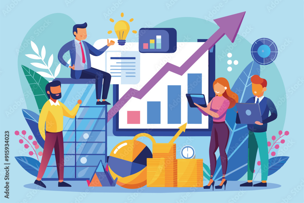Poster a team of business professionals actively discussing sales strategies while analyzing data charts an