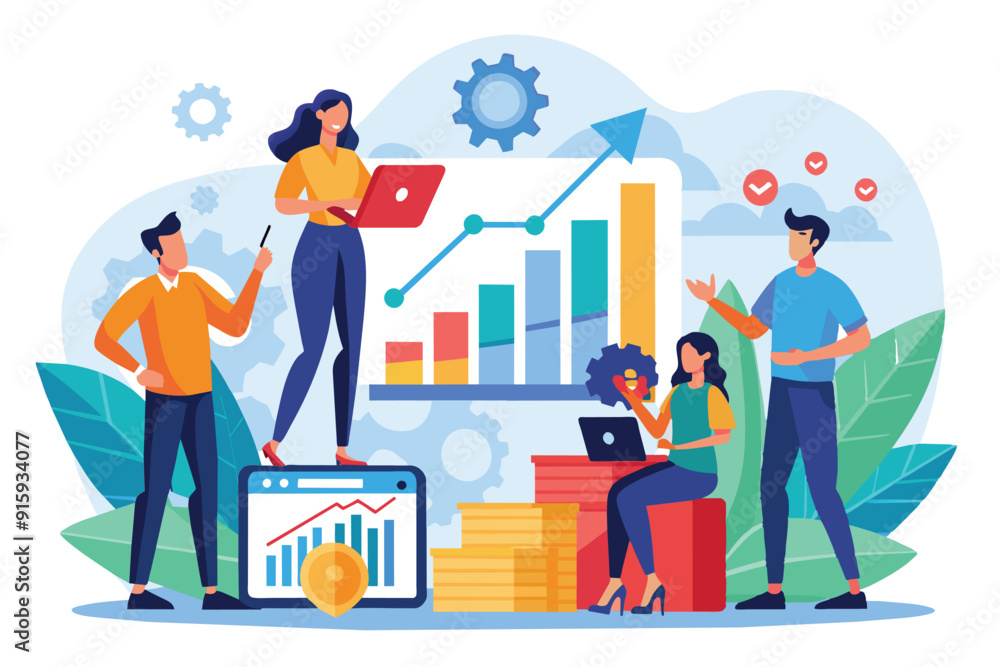 Poster a diverse group of professionals collaborates to analyze growth charts while discussing strategies i