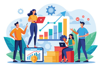 A diverse group of professionals collaborates to analyze growth charts while discussing strategies in an office environment with relevant data displayed