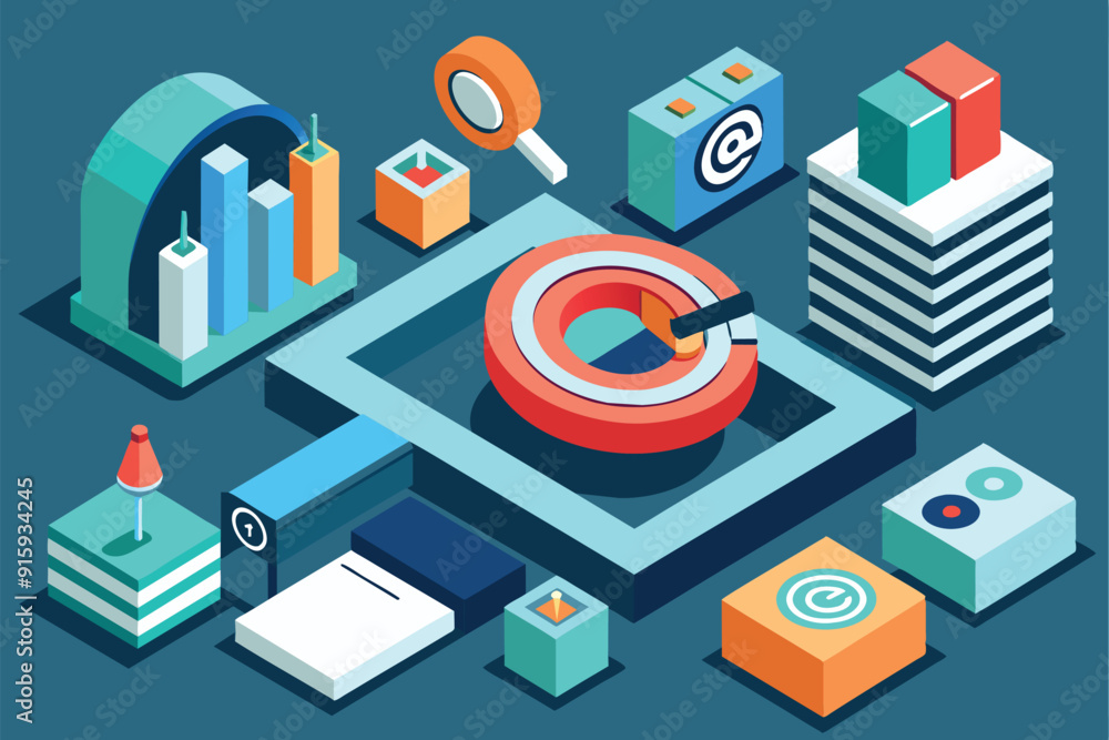 Poster an isometric illustration showcasing various targeting tools and analytics elements arranged within 