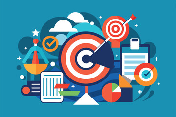 Colorful illustration showcasing targets, metrics, and symbols of achievement in a business context emphasizing strategy and goal-setting