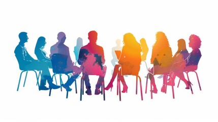 multi-colored silhouettes of people sitting in a circle, actively participating in a democratic discussion or sharing their ideas. Support groups or interest clubs