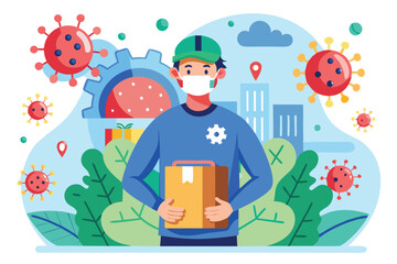 A delivery worker in a mask stands with a package surrounded by virus icons and greenery, symbolizing safety in the urban environment during a pandemic