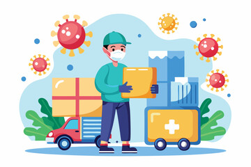 Naklejka premium A delivery worker carries a package while wearing a mask, surrounded by visual representations of the coronavirus and safety measures