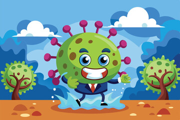 Naklejka premium A cheerful cartoon virus character wearing a suit and mask splashes joyfully in a vibrant landscape under a bright sky