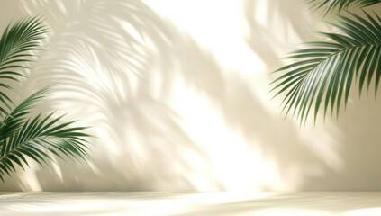 Blurred shadow from palm leaves on light cream wall. Minimalistic beautiful summer spring background for product presentation.
