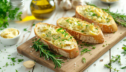 Garlic bread - baguette slices, garlic butter, herbs, wood board, white wood background