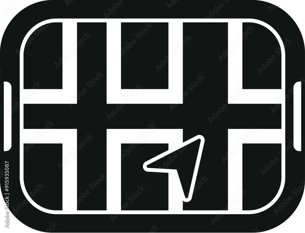 Poster gps navigator device showing city map with cursor pointing on screen, simple black and white icon