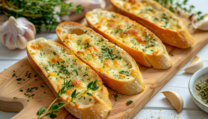 Garlic bread - baguette slices, garlic butter, herbs, wood board, white wood background
