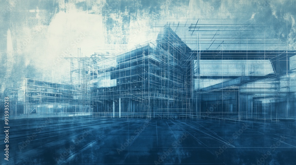 Aufkleber 3d architectural blueprint showcasing a modern building design during daytime in an urban setting