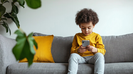 Cute Child Sitting on Sofa Using Smartphone for Technology and Modern Childhood Photography Themes